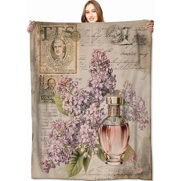 Vintage Perfume and Lilac Blanket Floral and Nostalgia Retro Throw Blankets,Birthday Gifts for Women,Lightweight Soft Fleece,Art Lovers,Sofa Couch Bed Room Modern Rustic Decor 50x60in