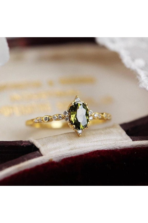 Vintage Peridot Engagement Ring Oval Ring Unique Gold Diamond Moissanite Ring Art Deco Birthstone Ring Promise Anniversary Ring, Green Ring