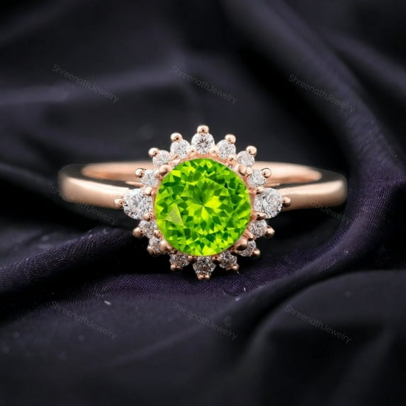 Vintage Peridot Engagement Ring Women Diamond Halo Ring Art Deco Bridal Jewelry Anniversary Birthday Gift For Her Solid Rose Gold Jewelry