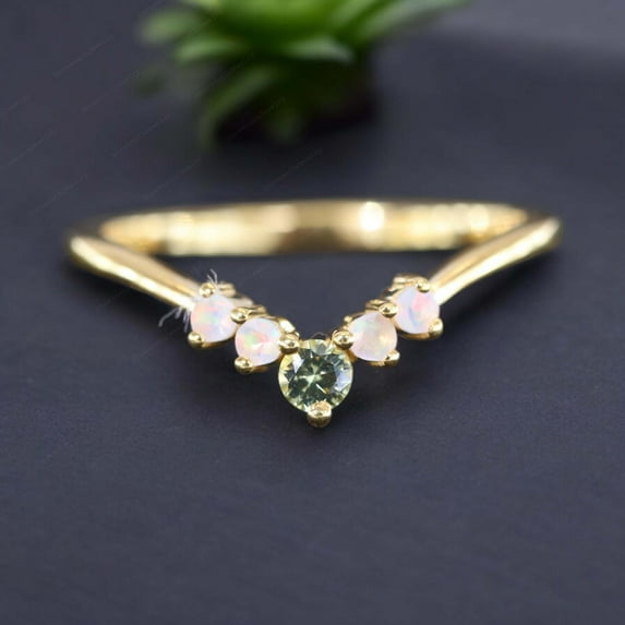 Vintage Peridot Wedding Band Opal Curved Bridal Band Half Eternity Women Jewelry Art Deco V Shape Band August Birthstone Gift Band