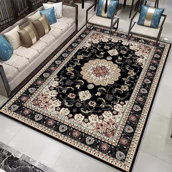 Vintage Persian Area Rug, Machine Washable, Non-Slip Stain Resistant Easy to Clean Large Area Rug for Living Room Bedroom Dining Room Decor, 72x48, Blcak