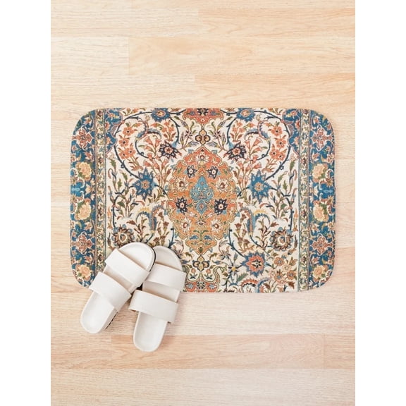 Vintage Persian Style Bath Mat, Floral Oriental Accent Rug, Blue Cream Rust, 15.7 x 23.6 in or 19.7 x 31.5 in