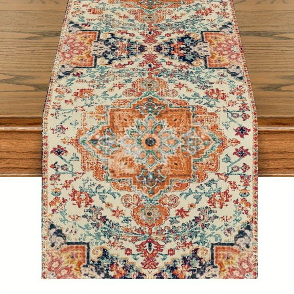 Vintage Persian Table Runner, 72 x 13 inches, Machine Washable, Fade Resistant, Orange and Blue Floral Pattern
