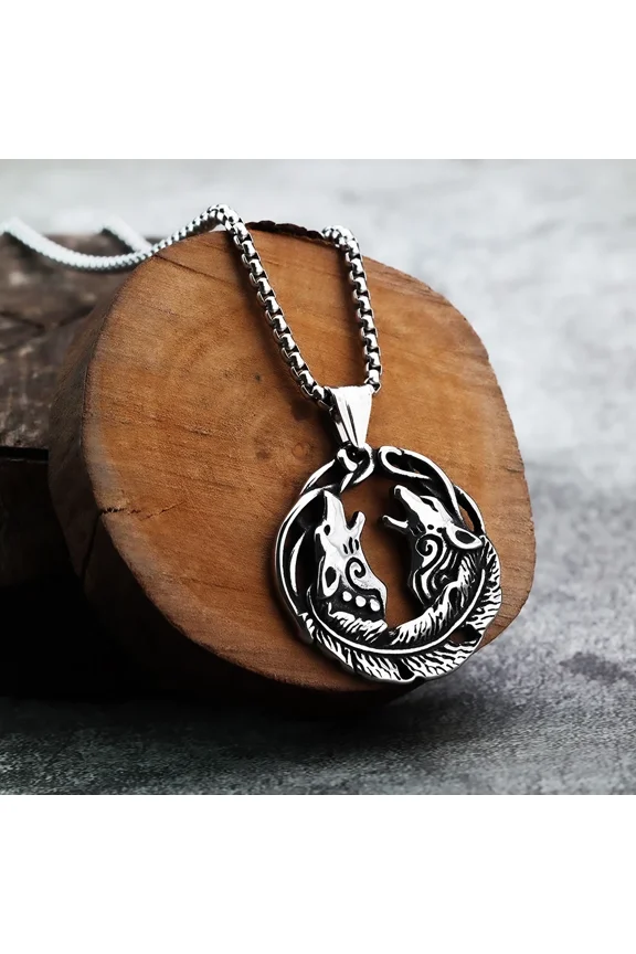 Vintage Personality Domineering Viking Mythology Ice Wolf Viking Pendant Versatile Summer Men's Pendant Necklace 14K White Gold  Accessory