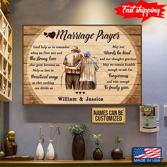 Vintage Personalized Name Old Couple With Flower Bouquet Walking Marriage Prayer Lord Help Us To Remember When We First Met 11 x 17 Inch Poster