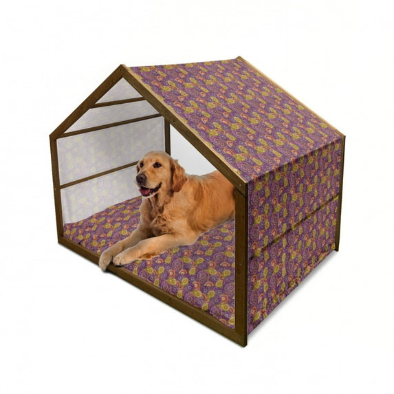 Vintage Pet House, Traditional Paisley Motifs Pattern Oriental Design Flower Ornaments Curvy Antique, Outdoor & Indoor Portable Dog Kennel with Pillow and Cover, 5 Sizes, Multicolor, by Ambesonne