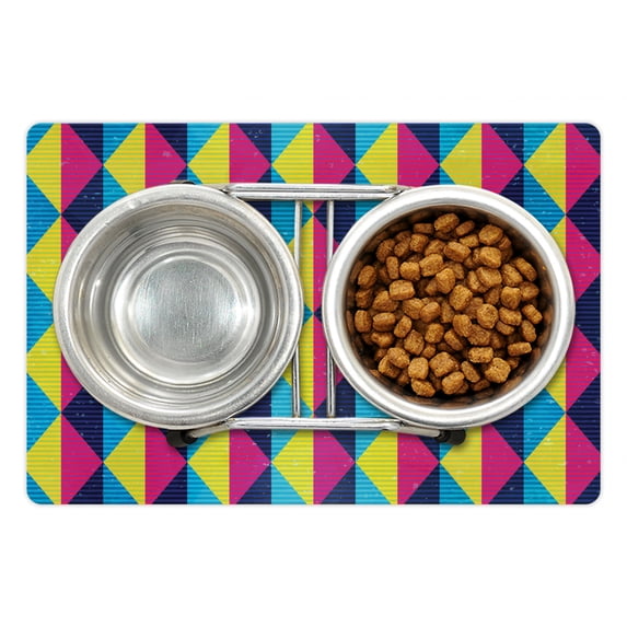 Vintage Pet Mat for Food and Water, Sixties Inspired Triangles with Grunge Effect Colorful Geometric Retro Pattern, Non-Slip Rubber Mat for Dogs and Cats, 18" X 12", by Ambesonne