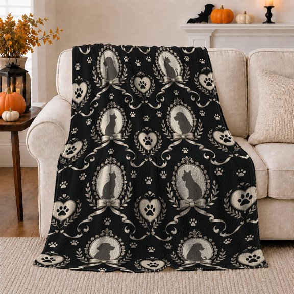 Vintage Pet Silhouettes Ornate Frames Paw Prints, Cozy Friendship Quote Scene, Warm Flannel Blanket for Living Room and Reading Nook, Animal Lovers Friendship Gift, Artistic Home Decor