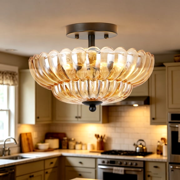 Vintage Petal Amber Glass SemiFlush Mount Ceiling Light Fixture