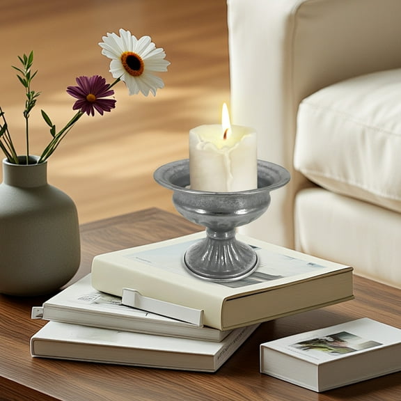 Vintage Pewter Finish Candle Holder, Elegant Pedestal Vase for Wedding Centerpieces & Floral Arrangements