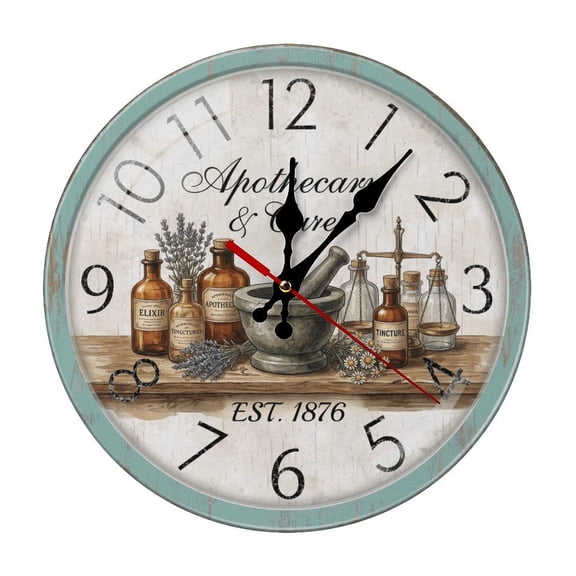 Vintage Pharmacy Mortar Farmhouse Style Round Wood Wall Clock, Noiseless Design for Cafe & Classroom Decor