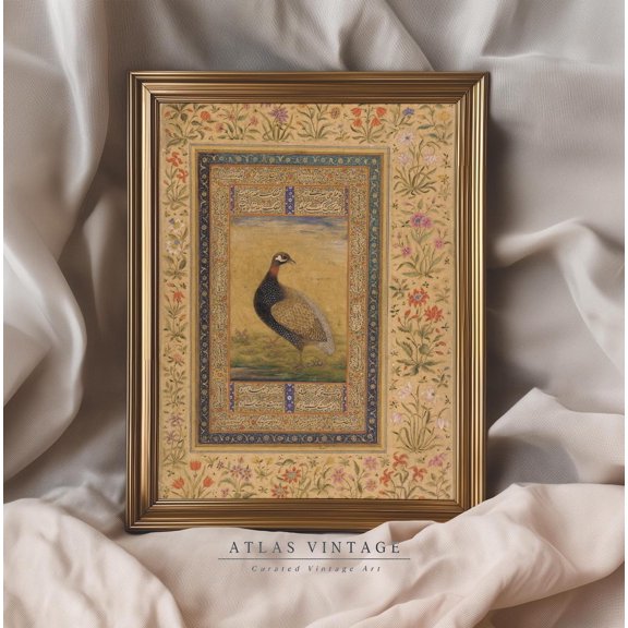 Vintage Pheasant Floral Mughal Miniature Wall Art, Refined Botanical Theme For Bedroom, Office And Home Decor