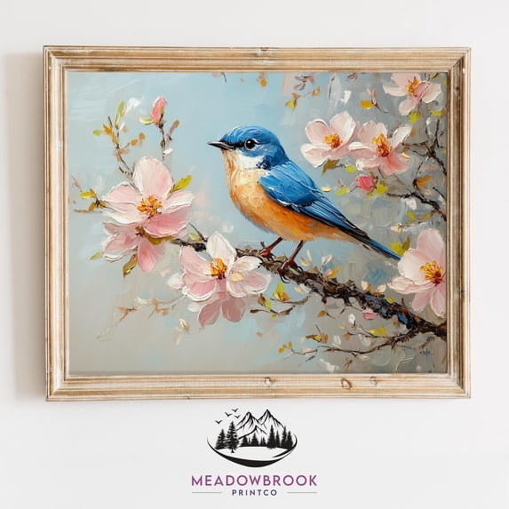Vintage Pheasant Wall Art Rustic Wildlife Autumn Decor Bluebird Among Magnolia Blossoms Spring Nature Art, UNFRAMED Size 16x16