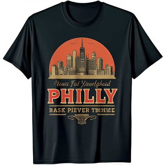 Vintage Philadelphia Black T-Shirt with Bell Graphic Nostalgic Sunset Design