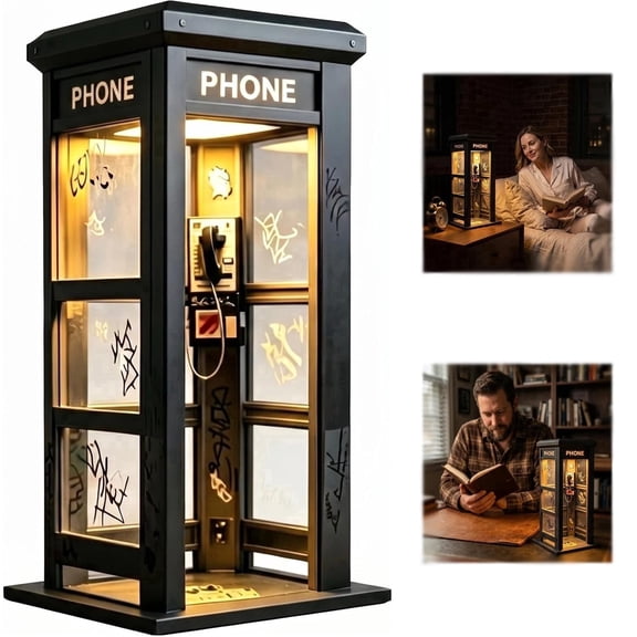 Vintage Phone Booth Ambient Lamp, Retro Tall Telephone Booth Table Lamp with Warm LED Light, Mini Phonebooth Accent Lamp for Bedroom, Home, Office, Study, Bar Decor (1pcs)