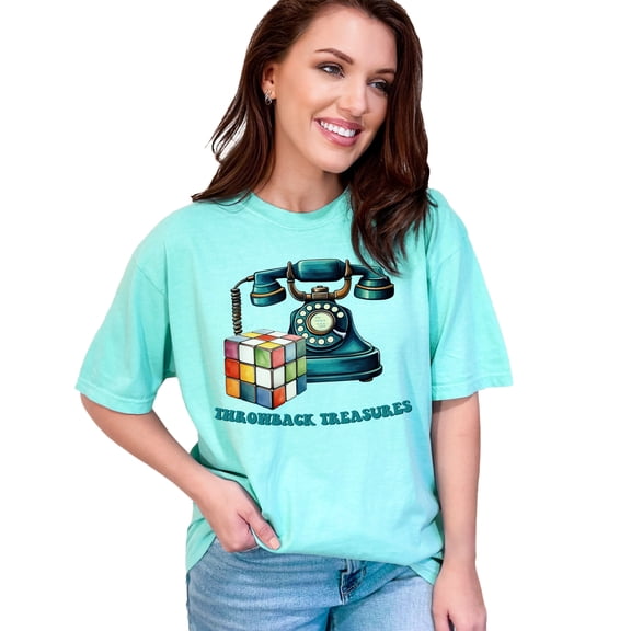 Vintage Phone and Puzzle Cube Graphic Tee, Retro Classic Design T-Shirt, Nostalgic Gift for Puzzle Lovers, Fun Throwback Shirt, Chalky Mint Comfort Colors T-Shirt, Small
