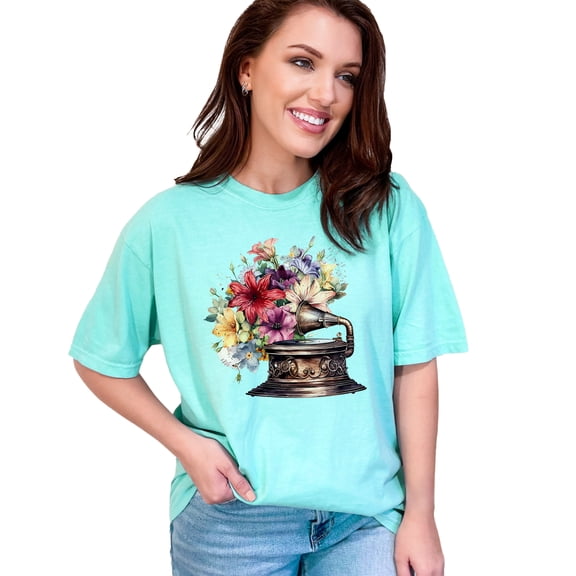Vintage Phonograph Floral T-Shirt, Retro Music Lover's Graphic Tee, Colorful Flower Gramophone Shirt, Unique Artistic Design Top, Chalky Mint Comfort Colors T-Shirt, Small