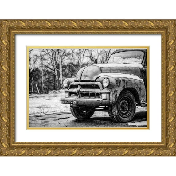 Vintage Photo Archive 14x11 Gold Ornate Wood Framed with Double Matting Museum Art Print Titled - Vintage Truck in the Snow