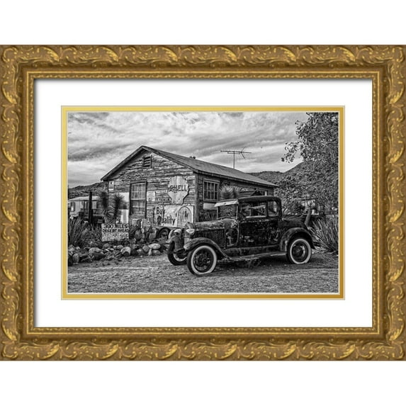 Vintage Photo Archive 18x13 Gold Ornate Wood Framed with Double Matting Museum Art Print Titled - Vintage Car in Front of Old Gas Station