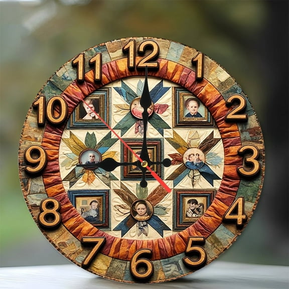 Vintage Photo Collage Wall Clock Rustic Home Decor 10-Inch Silent Wooden Wall Clock, Battery Operated (AA Batteries Not Included), Artistic Home Decor