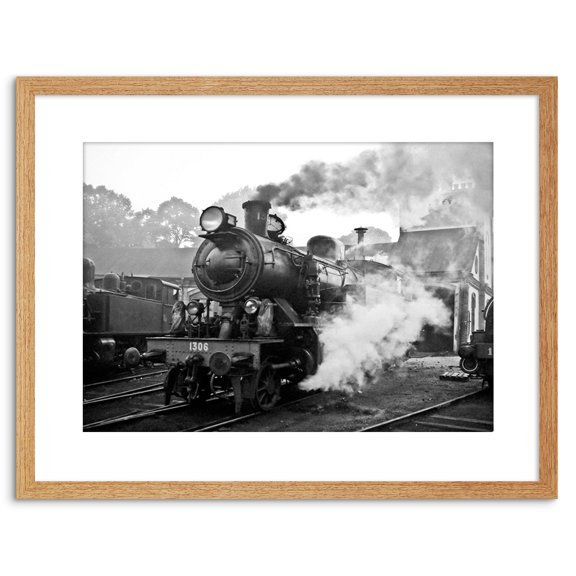 Vintage Photo Steam Train Black White Engine Artwork Framed Wall Art Print 9X7 Inch