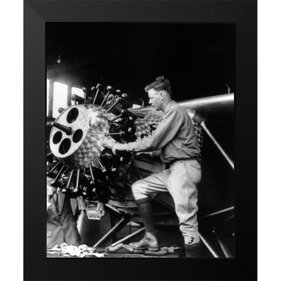 Vintage Photography 12x14 Black Modern Framed Museum Art Print Titled - Charles Lindberg working on the Spirit of St Louis