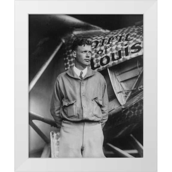 Vintage Photography 12x14 White Modern Wood Framed Museum Art Print Titled - Charles Lindberg and the Spirit of St Louis