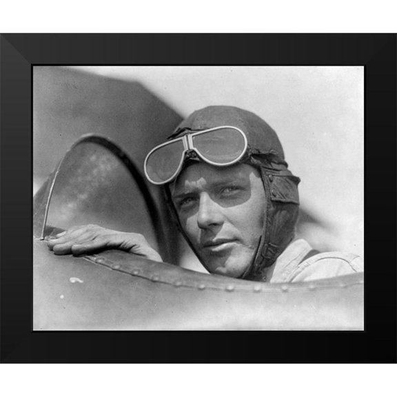 Vintage Photography 14x12 Black Modern Framed Museum Art Print Titled - Charles Lindberg in Goggles