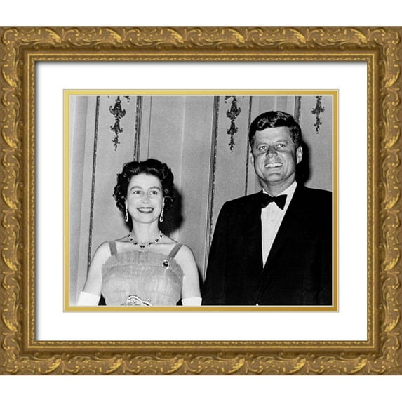 Vintage Photography 14x12 Gold Ornate Wood Framed with Double Matting Museum Art Print Titled - Queen Elizabeth II and President John Kennedy 1961