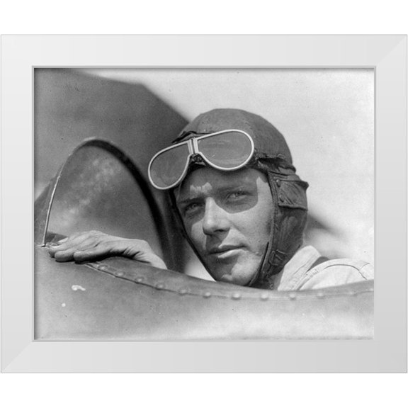 Vintage Photography 14x12 White Modern Wood Framed Museum Art Print Titled - Charles Lindberg in Goggles