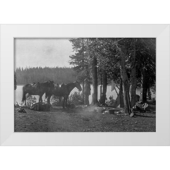 Vintage Photography 24x17 White Modern Wood Framed Museum Art Print Titled - Forester in Camp with Horses