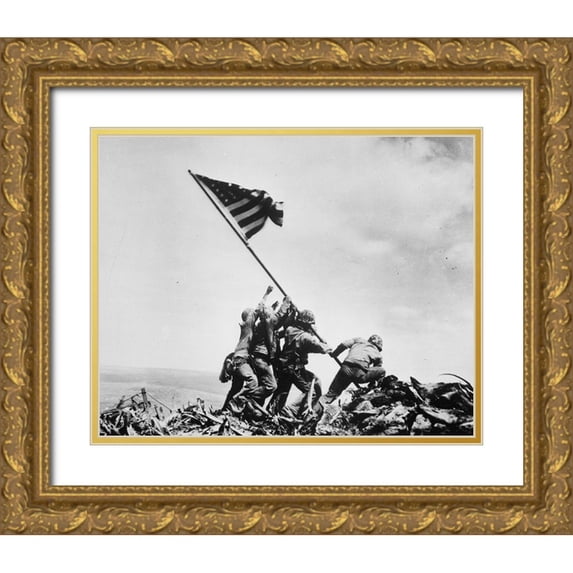 Vintage Photography 24x20 Gold Ornate Wood Framed with Double Matting Museum Art Print Titled - Flag Raising on Iwo Jima 1945