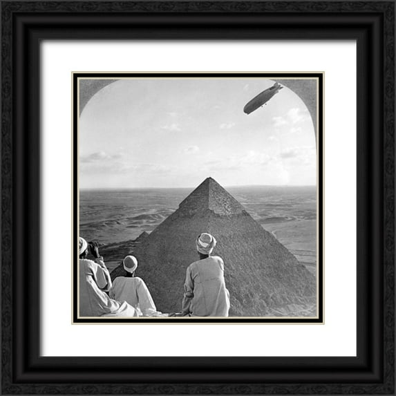Vintage Photography 26x26 Black Ornate Wood Framed with Double Matting Museum Art Print Titled - Graf Zeppelin over the Great Pyramid 1931