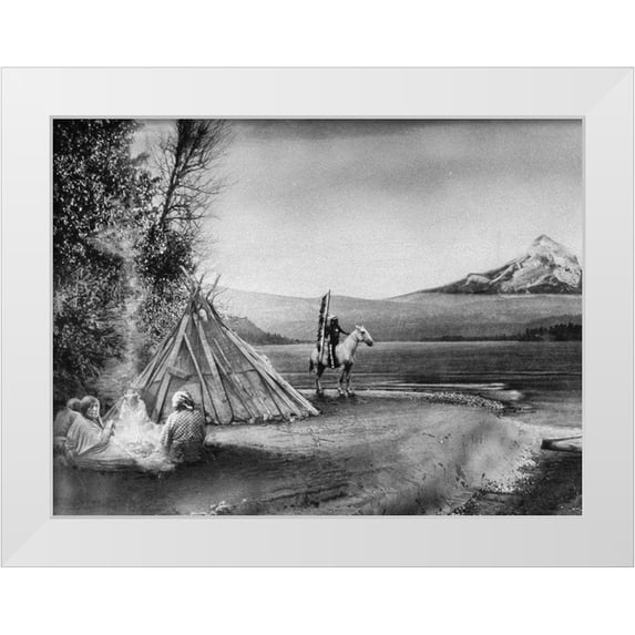Vintage Photography 32x25 White Modern Wood Framed Museum Art Print Titled - Indian Encampment along Columbia River