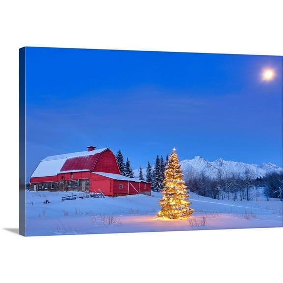 Great Big Canvas "Lit christmas tree in a snow covered field standing in front of a red barn"  by Kevin Smith Peach Sky Blue   Wrapped Canvas Print Wall Artwork