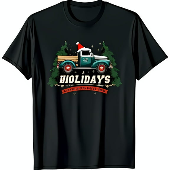 Vintage Pickup Truck Holiday T-Shirt Christmas Trees & Santa Hat Design