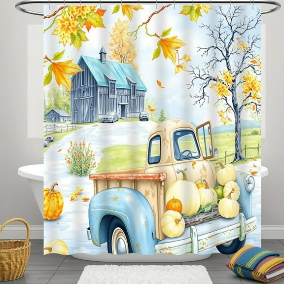 Vintage Pickup Truck Shower Curtain with Pumpkins & Rustic Barn - Autumn Decor for Bathroom
