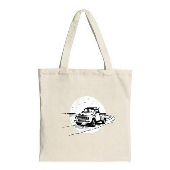 Vintage Pickup Truck Tote Bag - Black & White Design with Winding Road Moon & Stars - Perfect for Shopping Travel & Parties