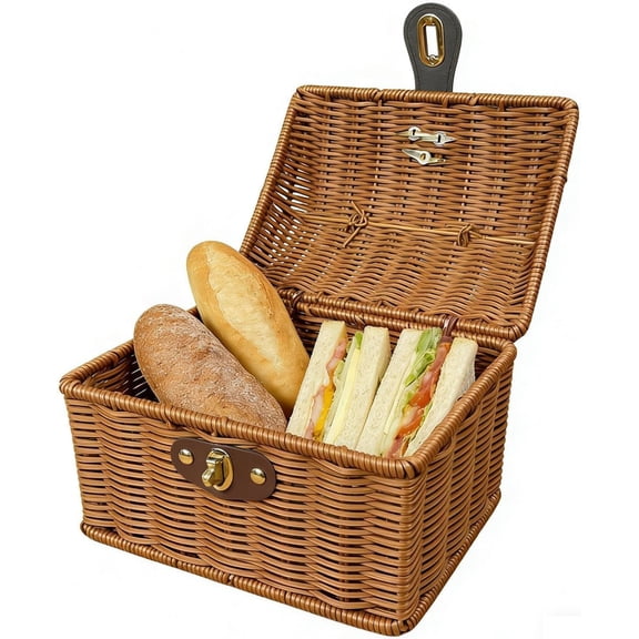 Vintage Picnic Basket, Small Wicker Suitcase Style Picnic Basket Purse with Lid, Woven Storage Box for Makeup Organization, Ideal for Camping, Wedding Gift, Summer Party & Harvest Collection