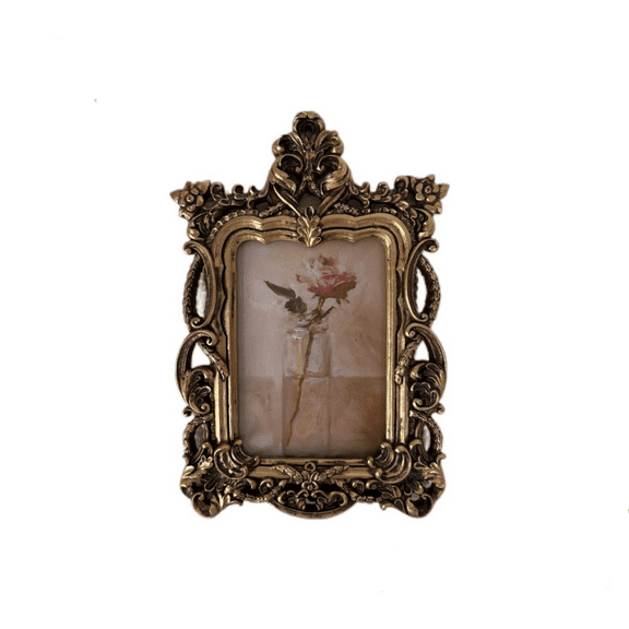 Vintage Picture Frame, Antique Ornate Black Arched Photo Frame With Intricate Golden Floral Relief, Wall Mount and Tabletop Display, High-Definition Glass Front, Retro Home Decor,Bronze