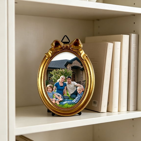 Vintage Picture Frame, Oval Bow Antique Photo Frame, Fancy Ornate Small Gold Frame 5x7,Luxury Tabletop & Wall Hanging, Antique Wall Decor(Golden)