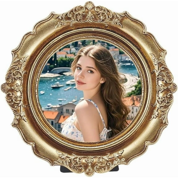Vintage Picture Frame Round Resin Photo Frame Stand 7.2x7.2 Inch with Decorative Paper Card for Home Desktop Decor and Gifts Gold Gold