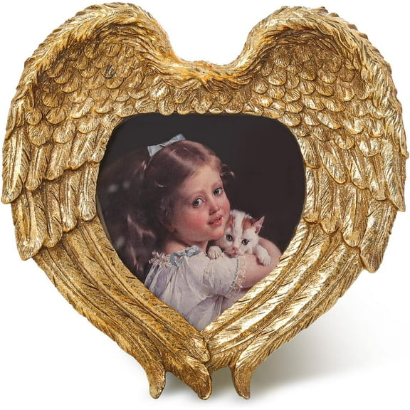 Vintage Picture Frames, 4x4 Antique Angel Wings Heart Shaped Memorial Photo Frame with High Definition Glass Front, Gold
