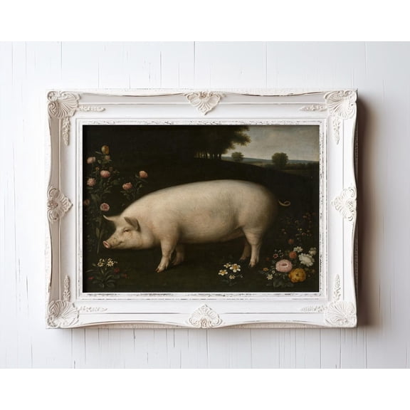 Vintage Pig Beside Roses And Meadow Flowers Rustic Farm Animal Wall Art For Country Kitchen Or Farmhouse Decor, Unframed Paper Print