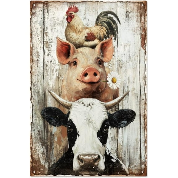 Vintage Pig Cow Chicken Metal Tin Sign 7.8x11.8 Inch Retro Tin Sign Farmhouse Animals Home Wall Art Plaque Decor Funny Superimpose Animals Poster Decorations Gift for Home Garden Farm Garage