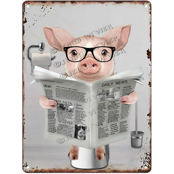 Vintage Pig Sit On The Toilet And Read The Newspaper Tin Sign Funny Animal Wall Art Plaque Decoration for Bathroom Restroom Bar Home Retro Aluminium Sign Decor 12x8 Inches