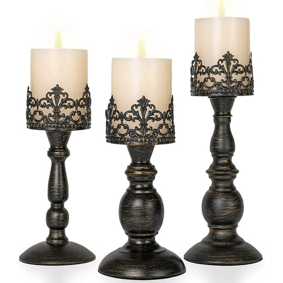 Vintage Pillar Candle Holders for Table Centerpiece Set of 3-11'' 9'' 8'' - Matte Black Metal Candle Stands Decorative - Candle Centerpiece for Table Fireplace Decor - Gothic Candle Holder