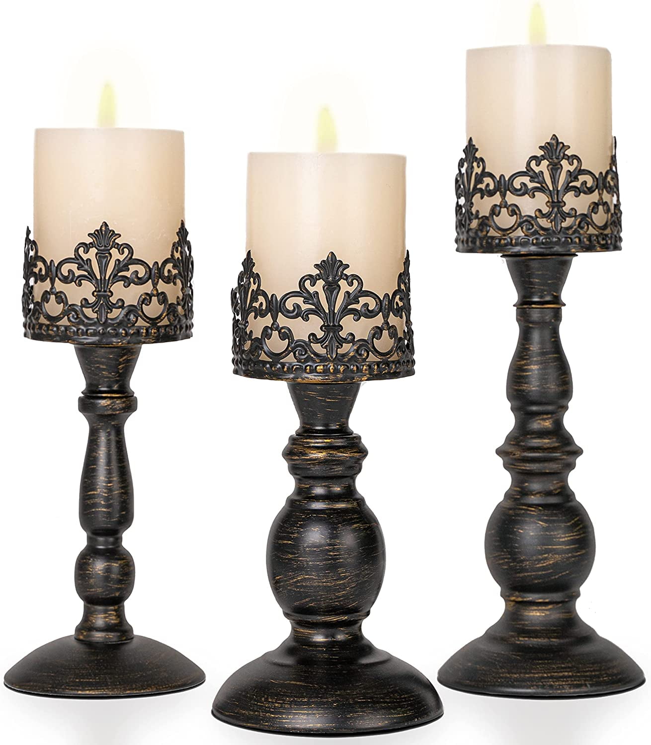 Matte Black Iron Vintage Pillar Candle Holders Set of 3