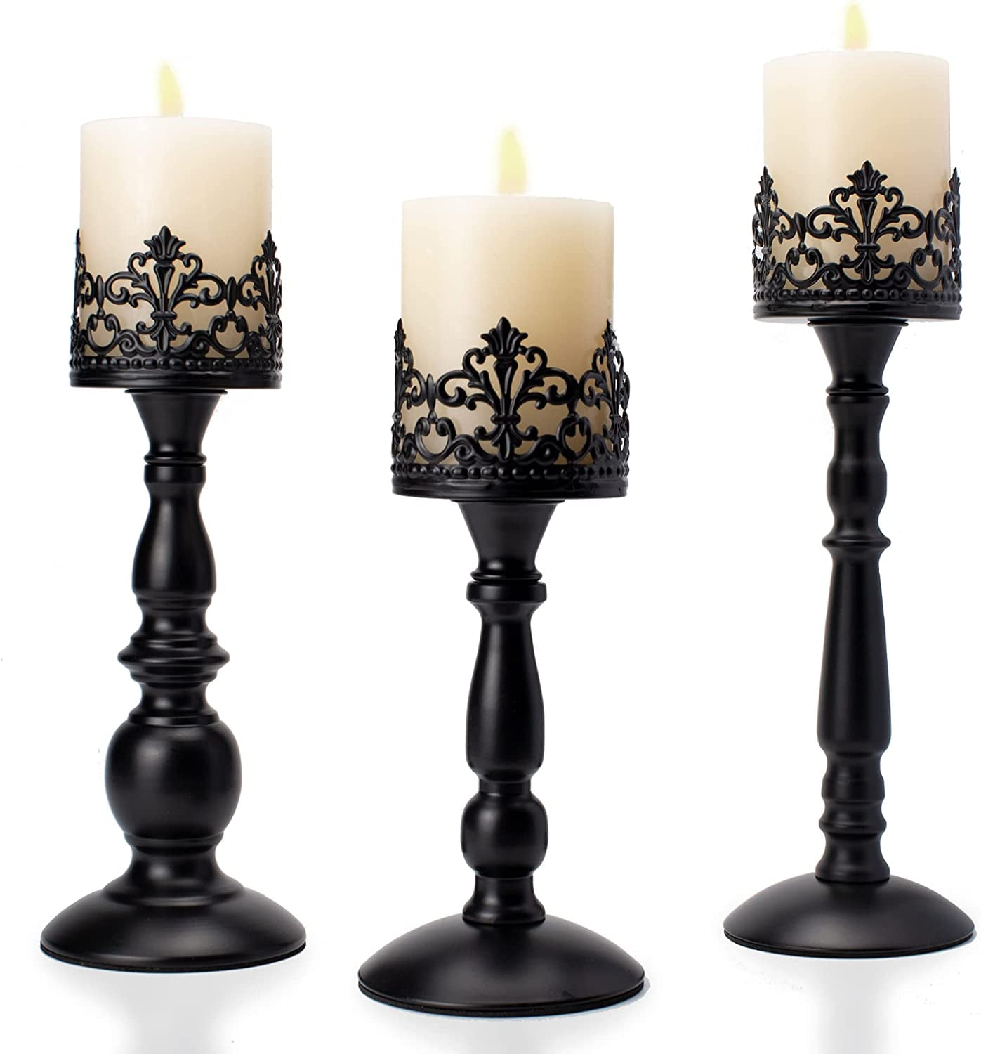 Matte Black Iron Vintage Pillar Candle Holders Set of 3