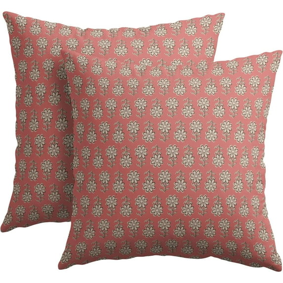 Vintage Pillow Covers 16x16 Inch Set of 2 Coral Floral Block Print Outdoor Decorative Throw Pillows Neutral Pattern Pillowcases Square Cushion Covers for Couch Home Decor